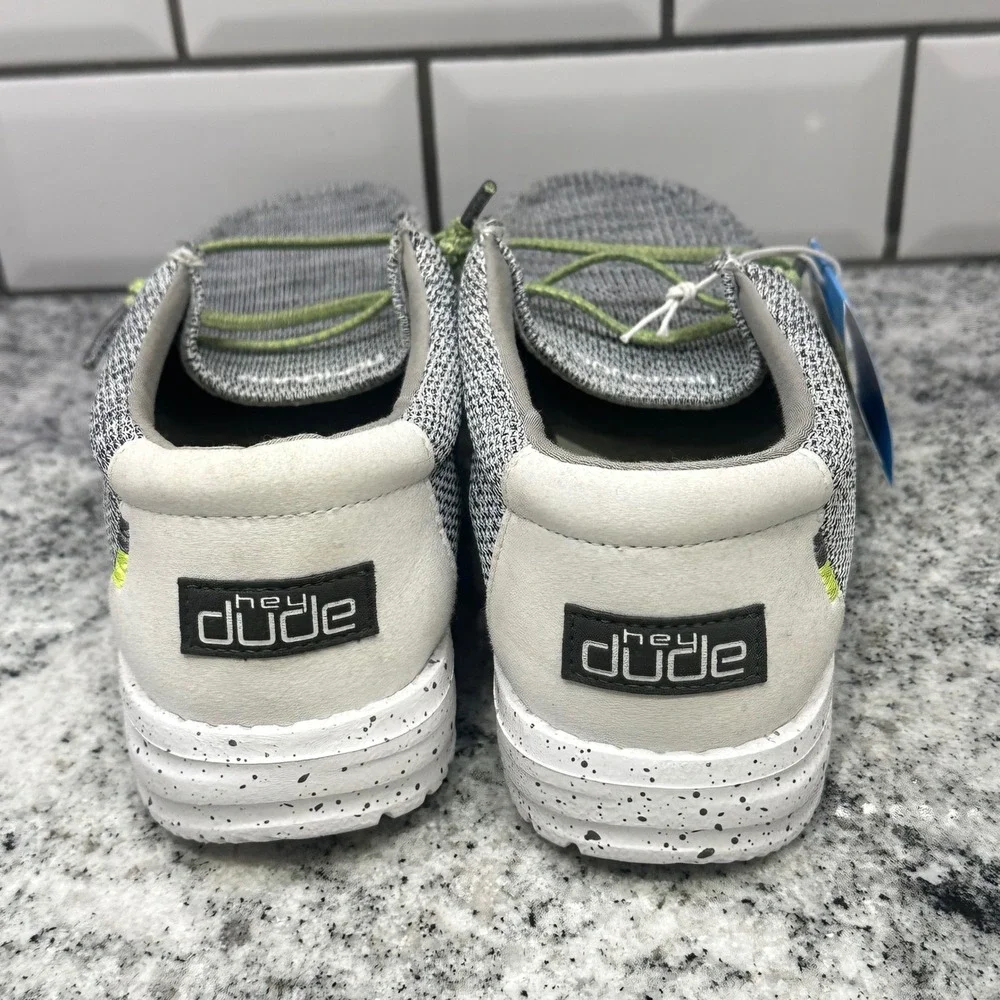 New Hey Dude Kids Y6 Wally Youth Sox Stone White Grey Lime Moccasin Loafer Shoe